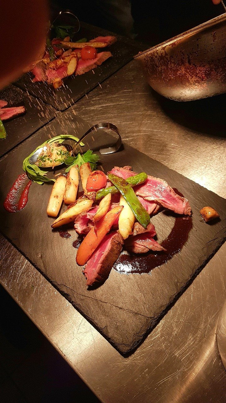 meal, flesh, on stone plate, rare fried, quality food, asparagus, prepare food